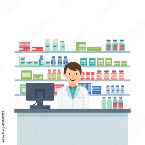 Pharmacist Behind Counter with Shelves of Medicine and Health Products