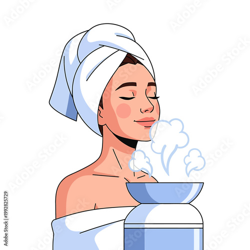 Woman steaming face for skincare routine.