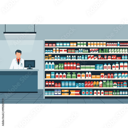 Pharmacist at counter with shelves full of medicine bottles and boxes in a modern drugstore interior.