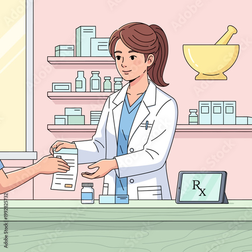 Pharmacist handing prescription to customer at counter, modern pharmacy interior.
