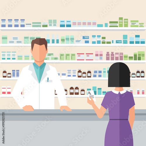 Pharmacist helping customer with prescription at pharmacy counter with shelves of medicine