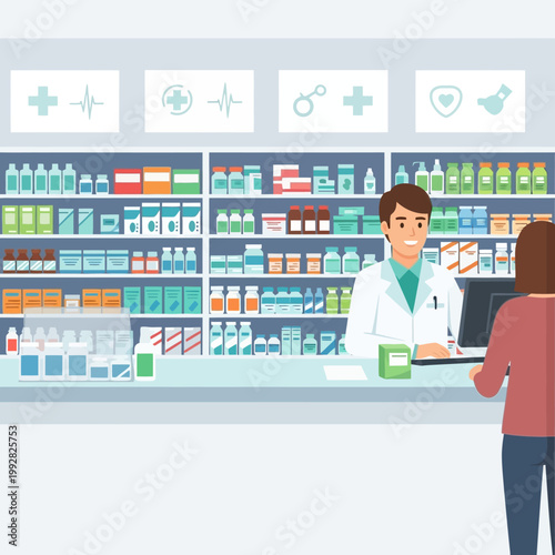Pharmacist Helping Customer In Pharmacy With Shelves Full Of Medicine
