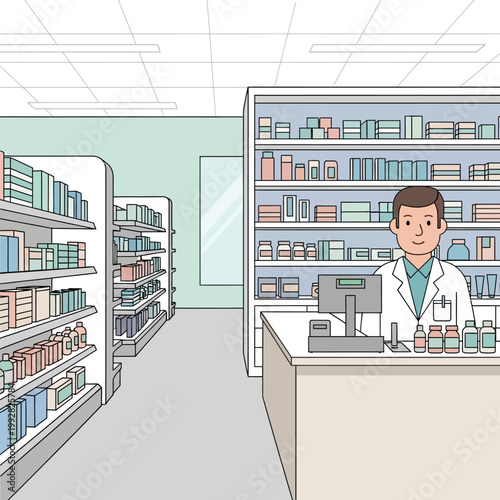 Pharmacist in modern pharmacy with shelves full of medicine and health products