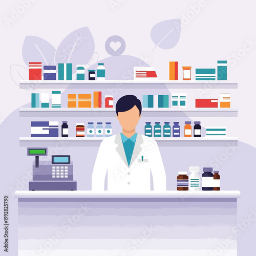 Pharmacist in white coat at counter with medicine shelves in background, pharmacy interior