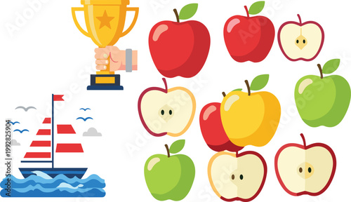 Apple fruit collection with whole and sliced apples, trophy and sailboat icons, colorful flat vector illustration set for food, achievement and lifestyle design
