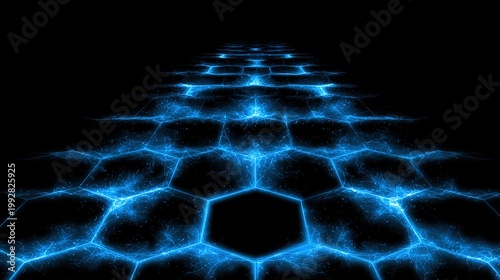 Hexagonal Data Pathway: A mesmerizing visual of a digitally rendered pathway, composed of interconnected hexagonal cells, emitting a vibrant blue glow against a stark black background.