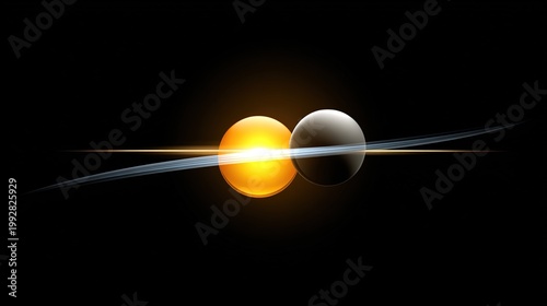 Celestial Harmony: A visual narrative unfolds as two celestial spheres meet in cosmic dance. Illuminated by radiant light, one orb embodies brilliance, while the other shrouded in shadow.