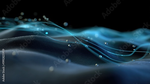 Abstract Blue Wave: The image is a captivating abstract composition featuring flowing, wave-like forms in varying shades of blue, intertwined with shimmering orbs. It evokes a sense of fluid movement.