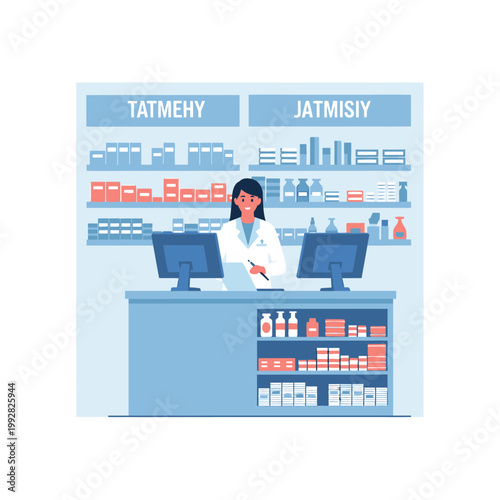 Pharmacist working at counter with shelves of medicine in pharmacy