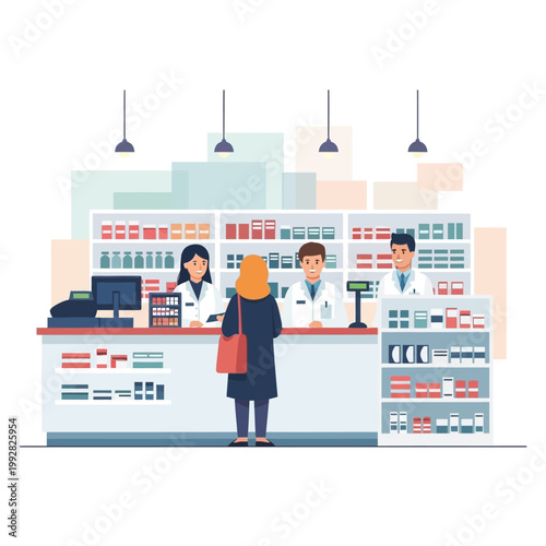 Pharmacists assisting customer at pharmacy counter with shelves full of medication