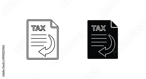 A simple depiction showcases two black and white tax form icons each with a curved arrow high quality