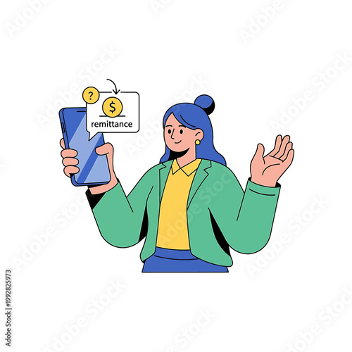 Woman Holding Mobile Phone with Remittance.