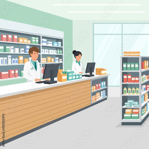 Pharmacists assisting customers at a modern pharmacy counter with shelves of medicine and healthcare products.