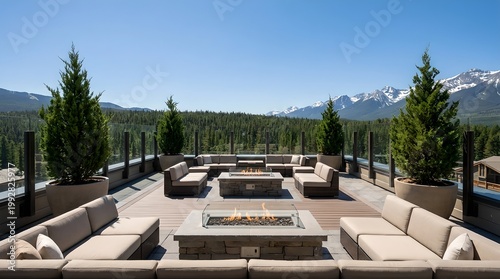 Rooftop lounge with fire pits and mountain view in summer