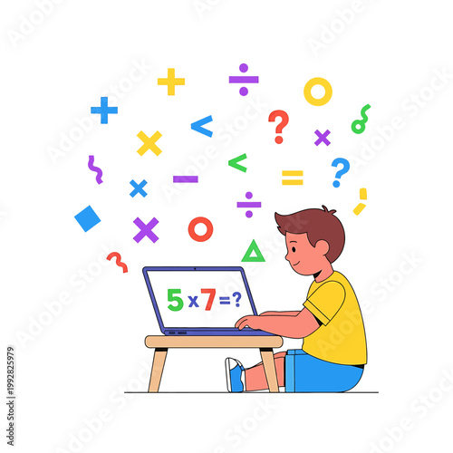 Boy Using Laptop for Math Problems.