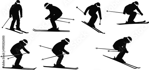 Silhouette illustrations of skiers in dynamic downhill positions with skis, poles, helmets, and goggles, symbolizing winter sports, motion, and adventure.