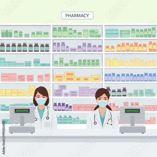 Pharmacy interior with two pharmacists in masks and medical coats behind the counter.