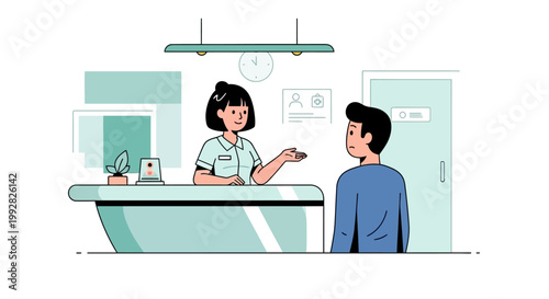 Receptionist assisting customer at counter, modern flat illustration, service concept
