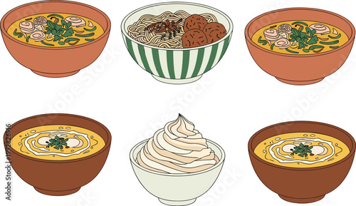 Asian noodle and soup bowls collection with ramen, dumplings and creamy dishes, hand drawn food illustration set for restaurant menu, culinary branding and cuisine design