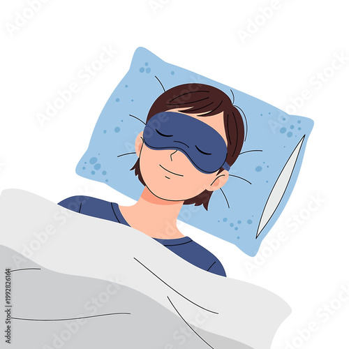 Woman wearing sleep mask in bed.