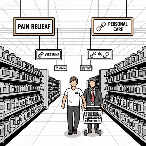 Shopping for health products in a supermarket aisle with pain relief and personal care sections.