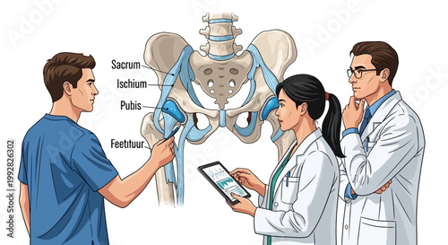 Medical Team Discussing Pelvic Anatomy and Hip Joint Health with Skeletal Illustration