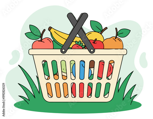 Shopping Basket with Fresh Fruits on Green Grass Vector