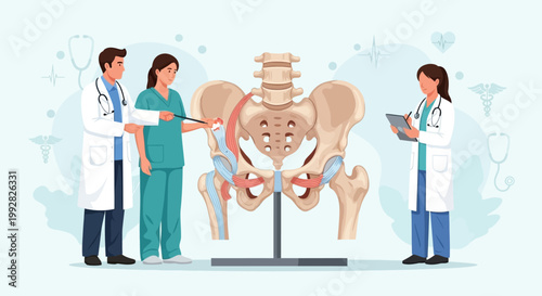 Medical Team Discussing Pelvic Anatomy Model, Hip Joint Ligaments, Doctors Healthcare Education