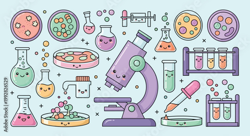 Colorful laboratory microscope depicted as central scientific instrument.