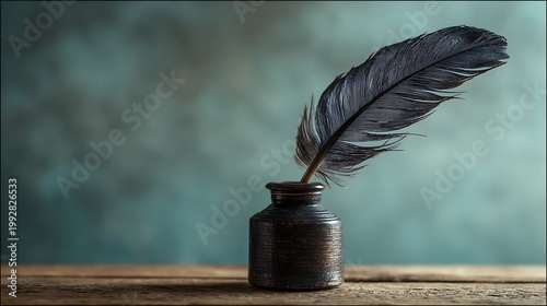 Vintage quill pen rests elegantly in an old inkwell on wood