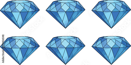 Blue diamond gemstone collection with faceted crystal shapes, luxury jewel illustration set in flat style for jewelry design, branding and premium decorative elements
