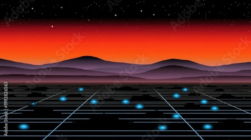 Cyberpunk Horizon: A digital vista where a neon grid meets a vibrant gradient sky under a starlit night, evoking a sense of futuristic landscapes.