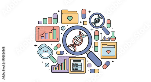 DNA Double Helix Under Magnifying Glass Illustration.