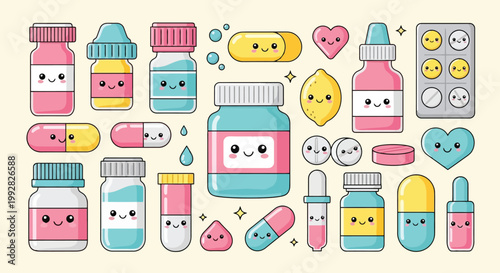 Cute colorful medicine bottles and pills set.