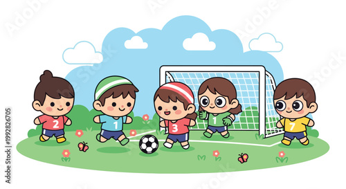 Group of children playing soccer on the field.
