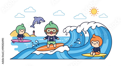 Group Of Surfers Riding Waves On Surfboards.