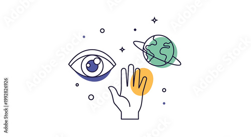 Hand with eye and green planet.
