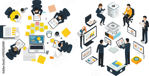Business teamwork and data analysis concept with people working on charts, reports and digital screens, modern isometric illustration set for corporate strategy and collaboration