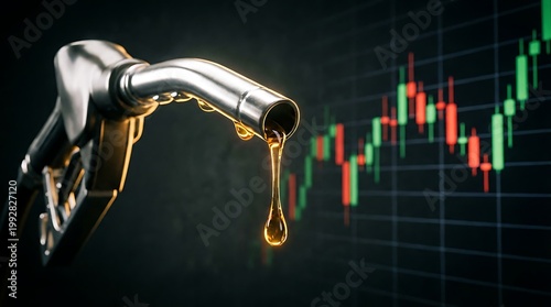 Gasoline nozzle with dripping fuel over stock market chart showing energy prices, concept of volatile oil market, economic inflation and cost of fuel.