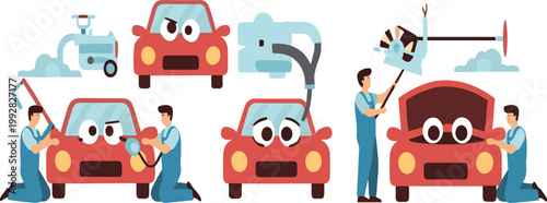 Car Repair and Maintenance Illustration Set with Mechanics Fixing Vehicle, Engine, and Cleaning for Auto Service Design, Garage Concept, and Transportation Graphics