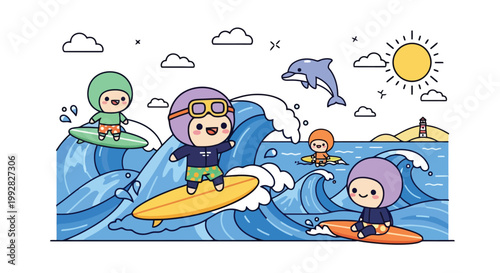 Surfers Riding Bright Waves On Surfboards.