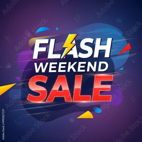 Flash weekend sale advertisement with colorful geometric shapes and bold text transparent background