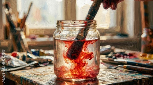 Artists Brush Dipped in Red Paint Water Jar.