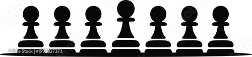 Row of black pawn chess pieces silhouette, teamwork and unity concept, collective strategy, collaboration and coordination, group strength, business alignment, competition formation isolated on white 