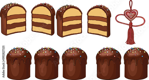 Chocolate cake slices and sweet dessert collection with glazed pastries and decorative ornament, hand drawn style illustration set for bakery, cafe and confectionery design