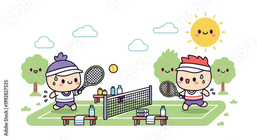 Two Kids Playing Tennis On Green Court With Rackets.
