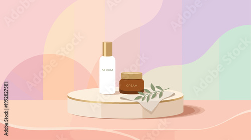 A minimal round podium displays skincare products on a soft pastel background