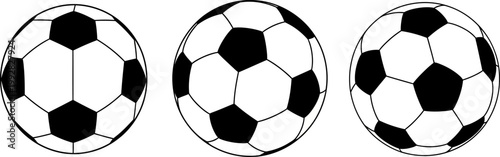 Vector illustration of three classic black and white soccer balls, showcasing iconic geometric patterns. Ideal for sports graphics, athletic designs, and game-related content