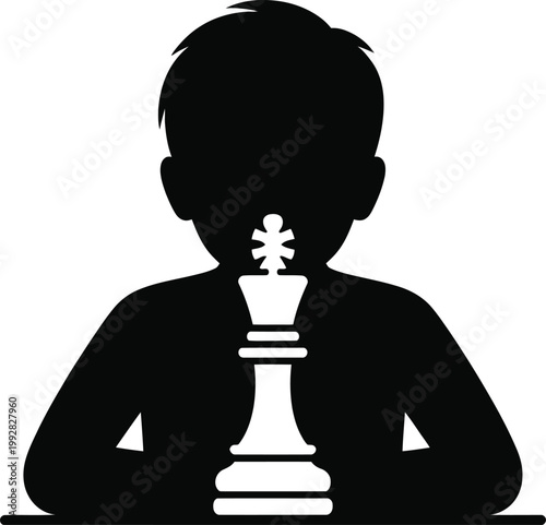 Child thinking with chess king icon representing strategy learning, young intelligence, education concept, critical thinking, leadership development, chess training, minimalist silhouette isolated bac
