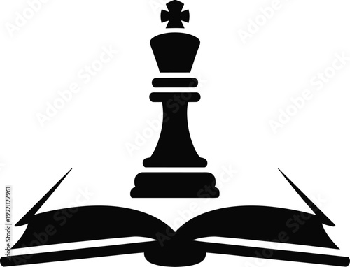 Chess king above open book with arrows icon representing learning strategy, knowledge direction, education growth, decision making, leadership development, chess training symbol, minimalist silhouette